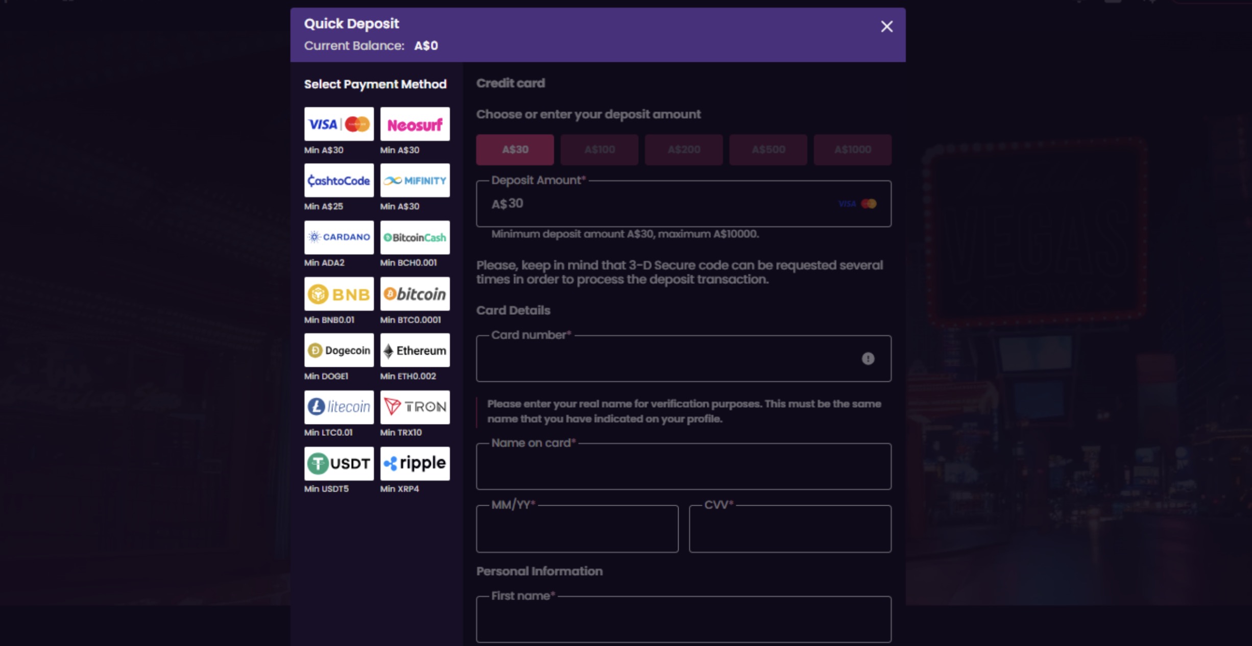 Vegas Now Casino deposit options