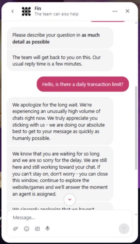 Vegas Now Casino talking to a support agent