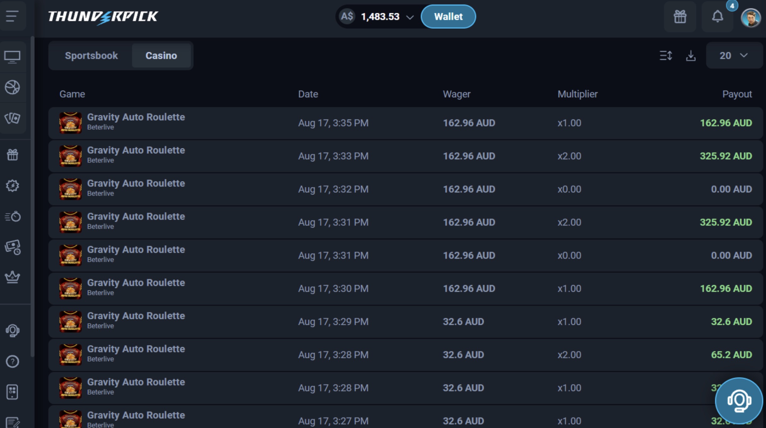Thunderpick bet history