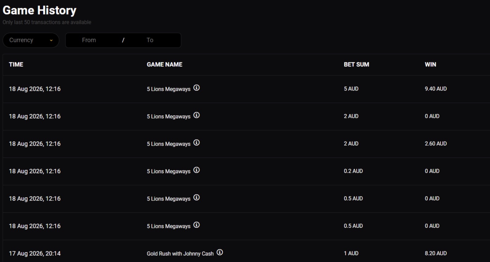 Stay Casino game history bets and wins