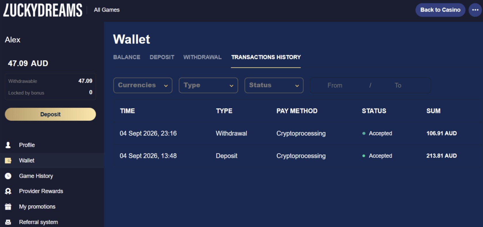 Lucky Dreams Casino transaction history