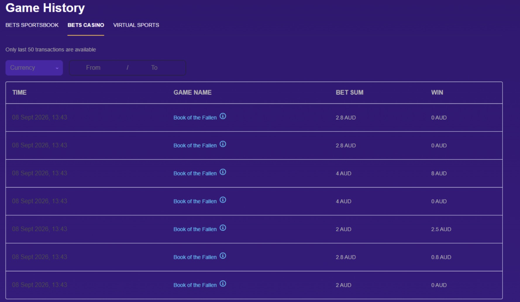 Let's Lucky real money bet history from our testing