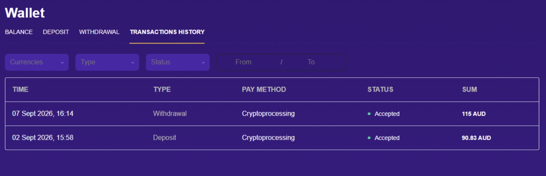 Let's Lucky deposit and withdrawal transaction history