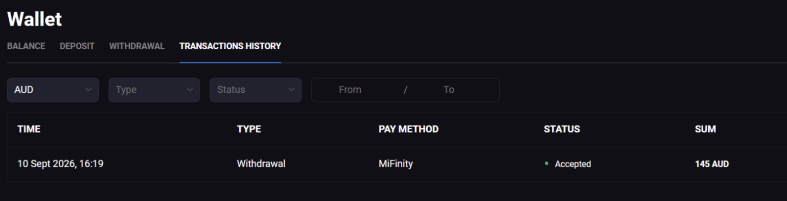LuckyVibe withdrawal test with MiFinity