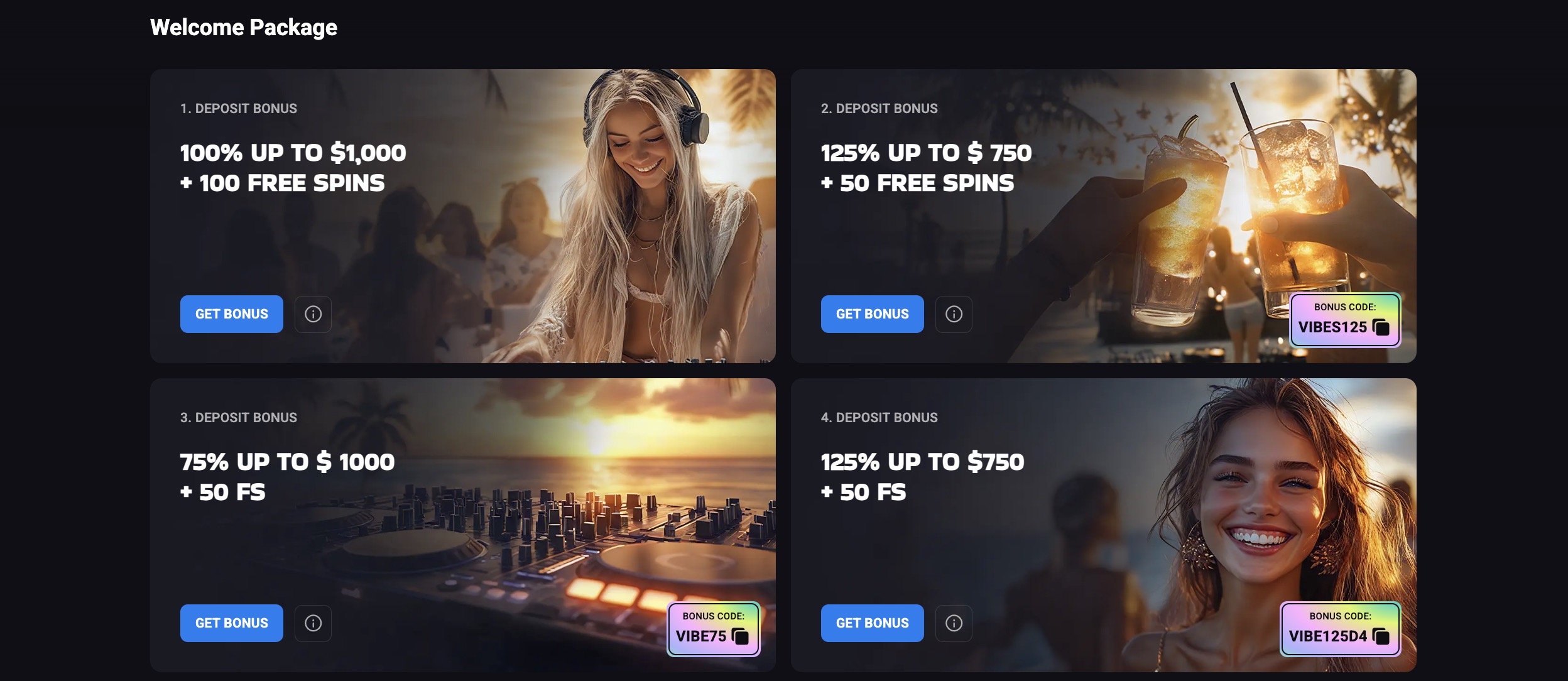 LuckyVibe welcome package 4 Bonuses