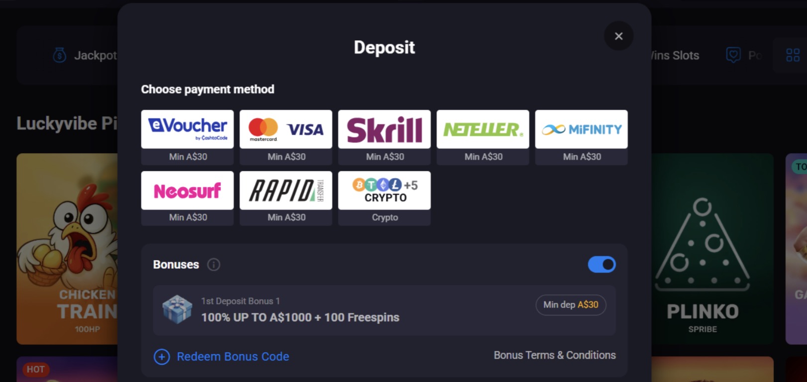 LuckyVibe deposit options