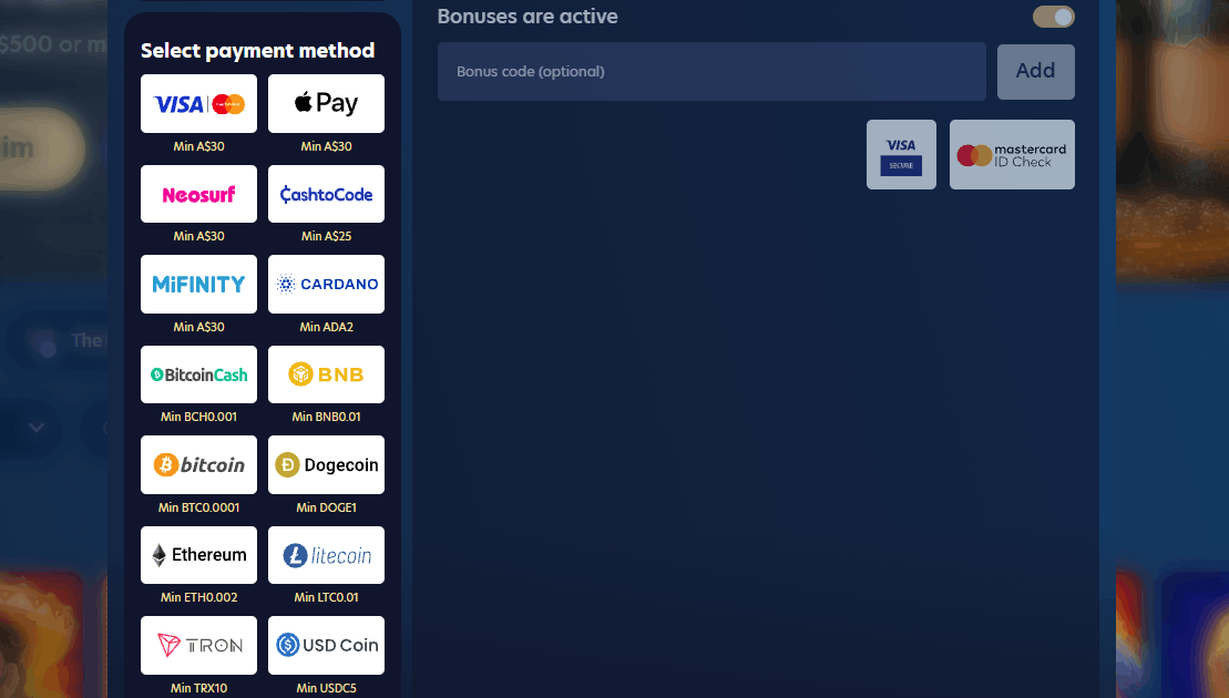 Lucky Dreams Casino payment methos available for deopsits