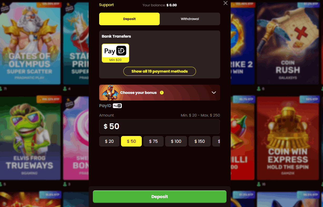 depositing with PayID in a casino