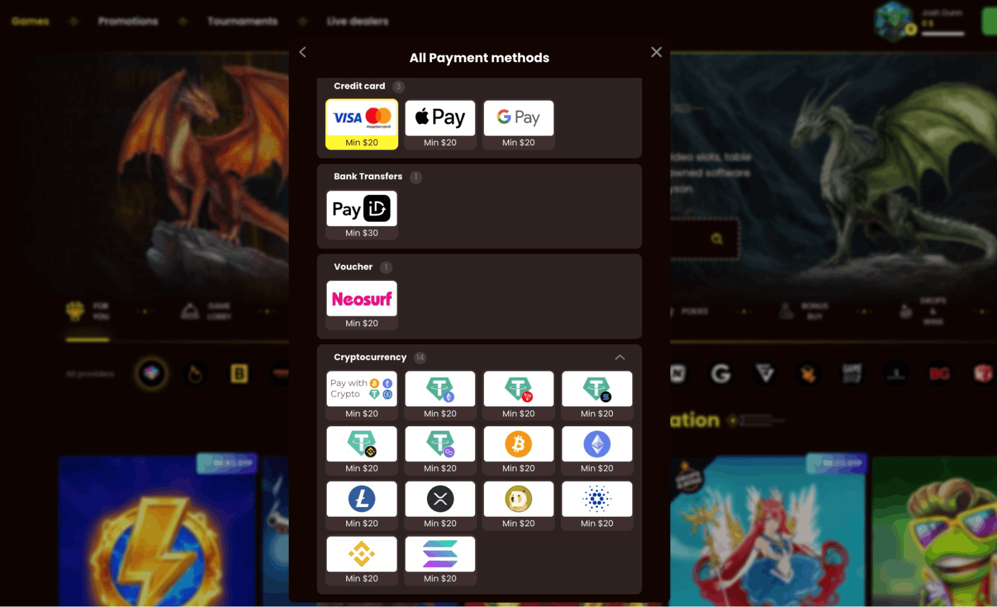 DragonSlots list of available payment methods