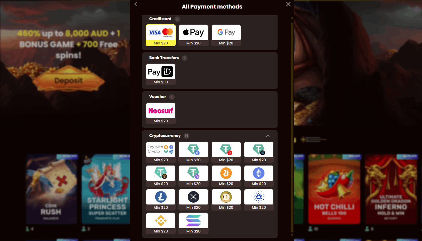 DragonSlots all available deposit payment methods