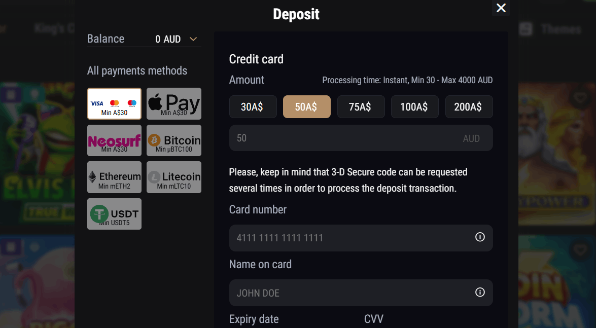 King Billy Casino deposit methods