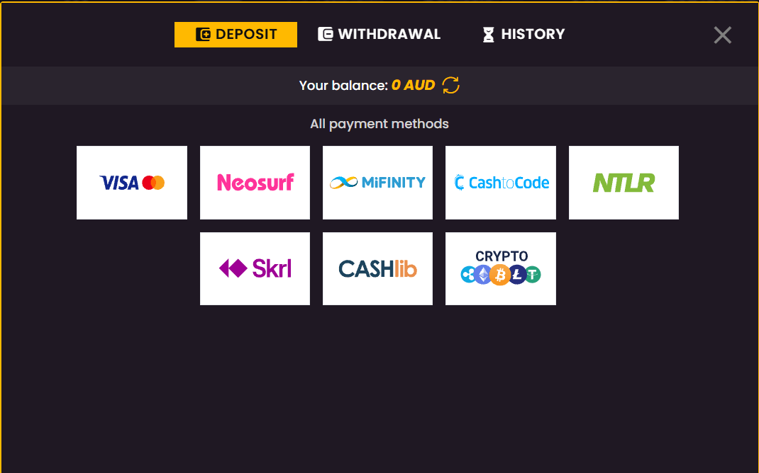 Wild Tokyo available deposit methods