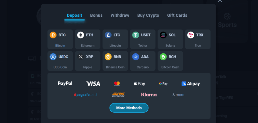 Thunderpick Casino deposit options