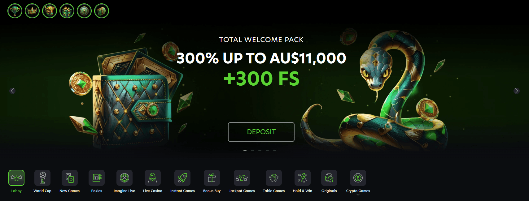 Neospin Casino total welcome package value of 300% up to A$11,000 + 300 Free Spins