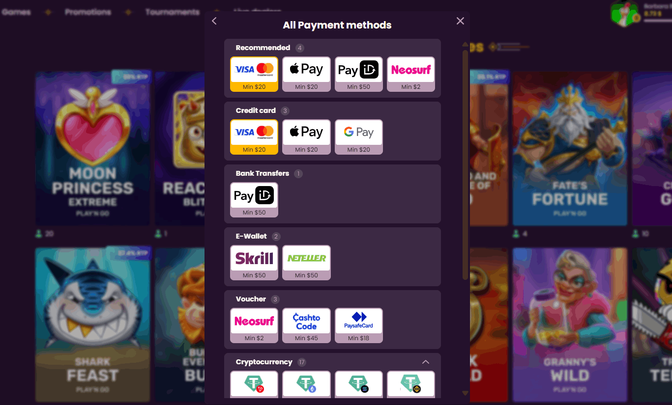 Bizo Casino payment methods