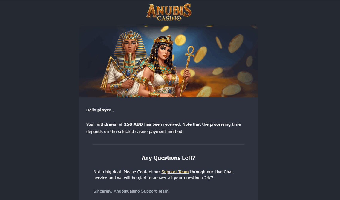 Anubis Casino successful withdrawal request