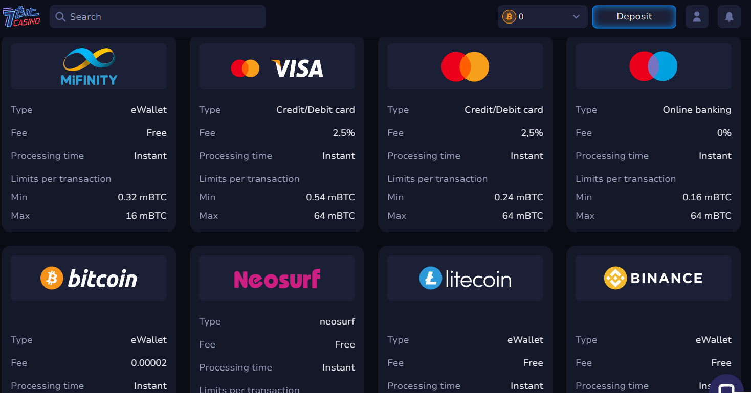 7Bit Casino payment methods available