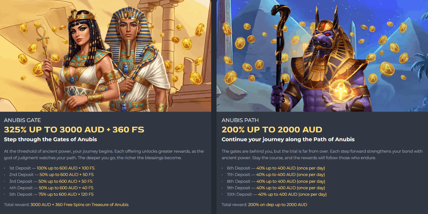 Anubis Casino welcome bonuses