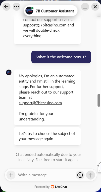 7Bit casino support chat with AI bot