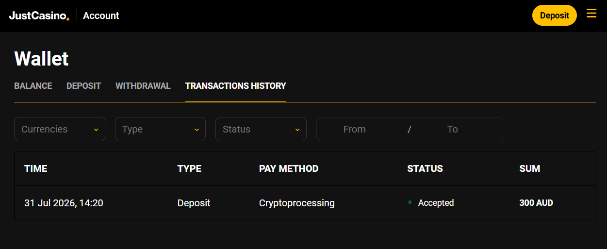 Just Casino deposit test