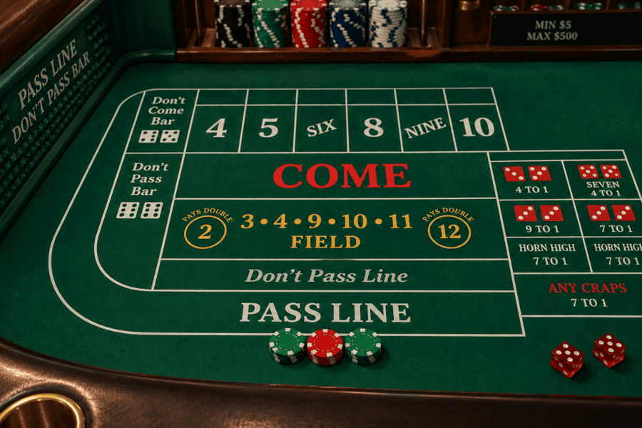 Craps half table with wager on the pass line