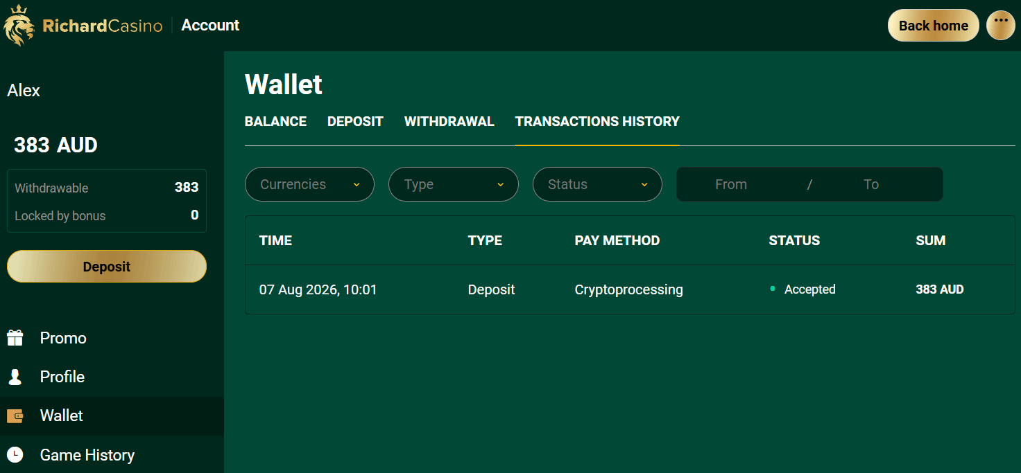 Richard Casino Our Deposit Via USDT