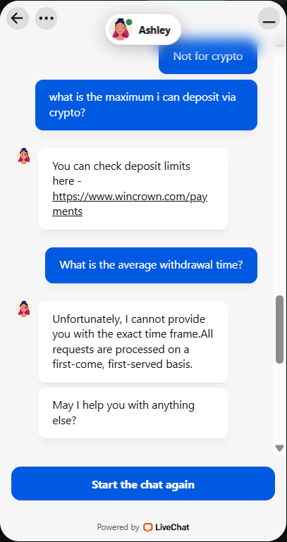 Wincrown Casino customer chat support with agent Ashley