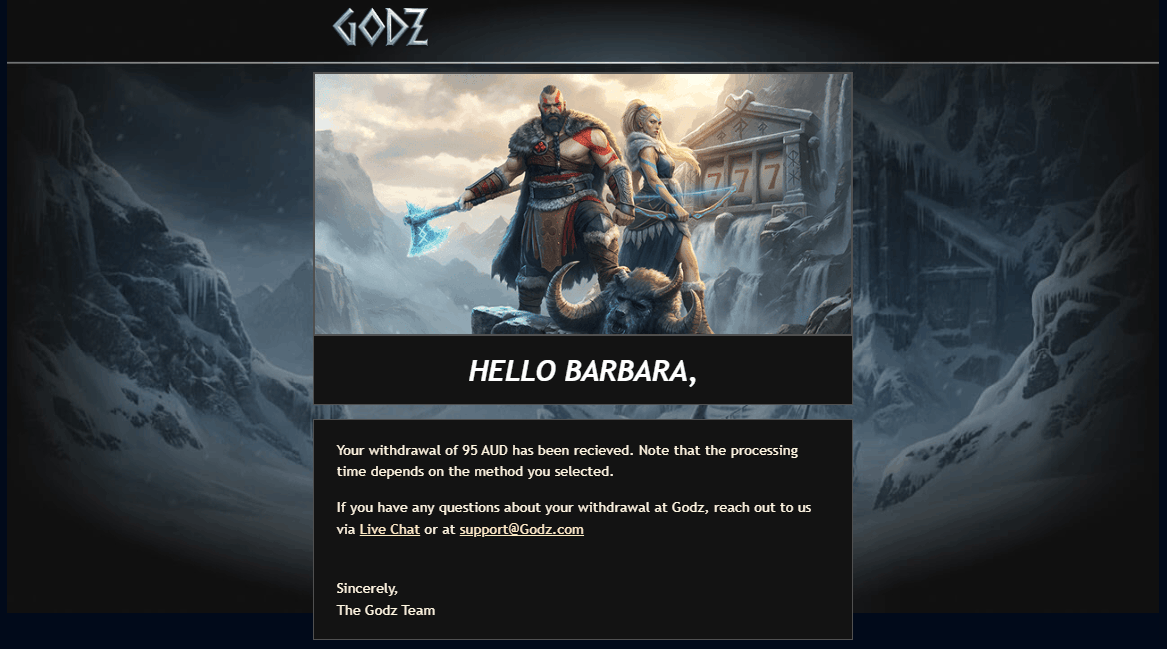 Godz Casino withdrawal confirmation