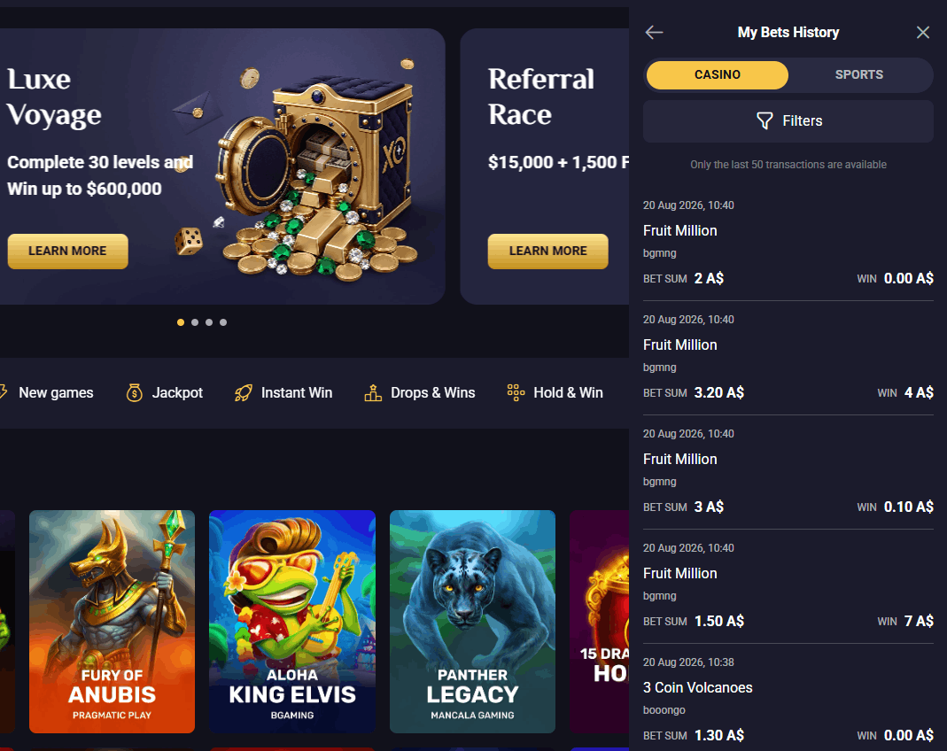 RollXO Casino our bet history