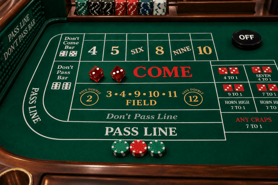Craps half table with a come out roll of 2 and 3