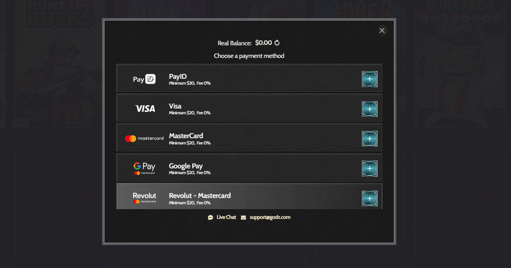 Godz Casino payment options