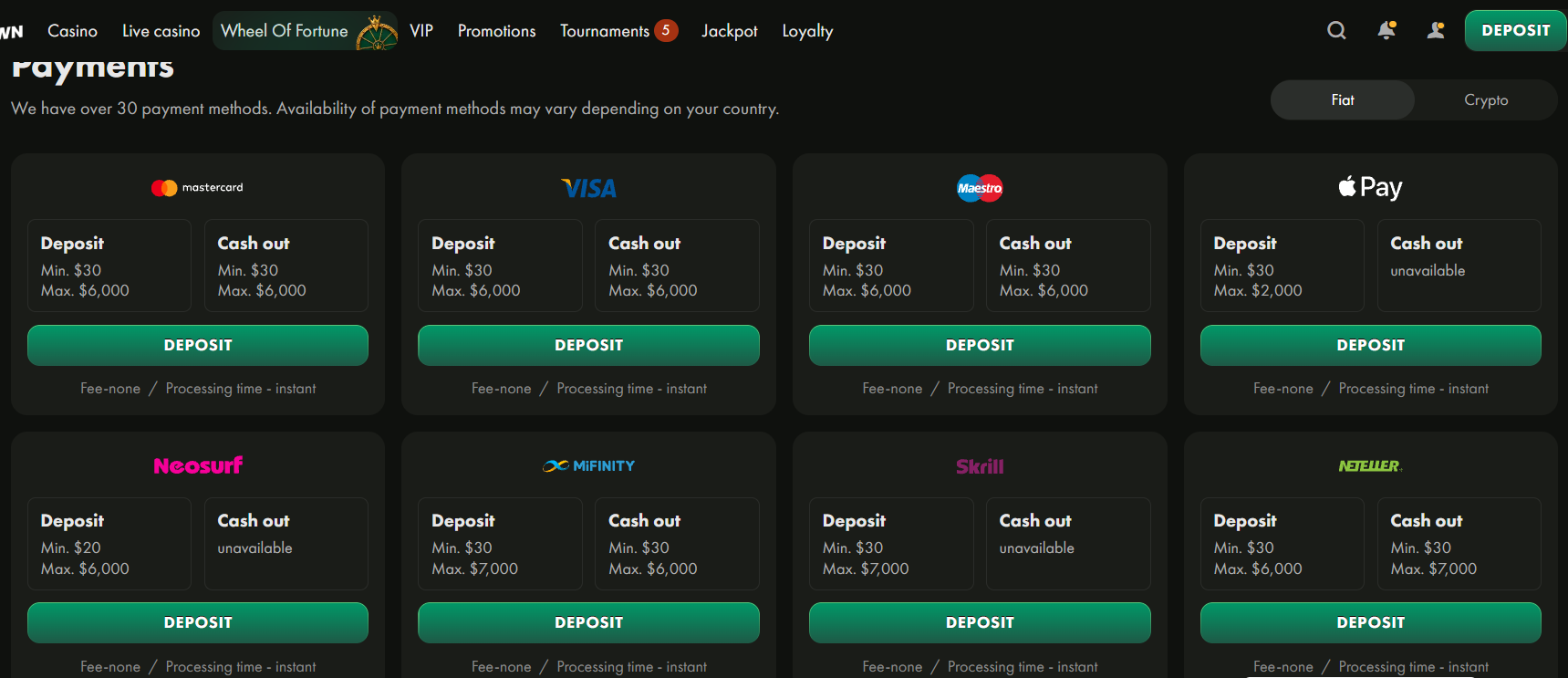 Wincrown Casino deposit options