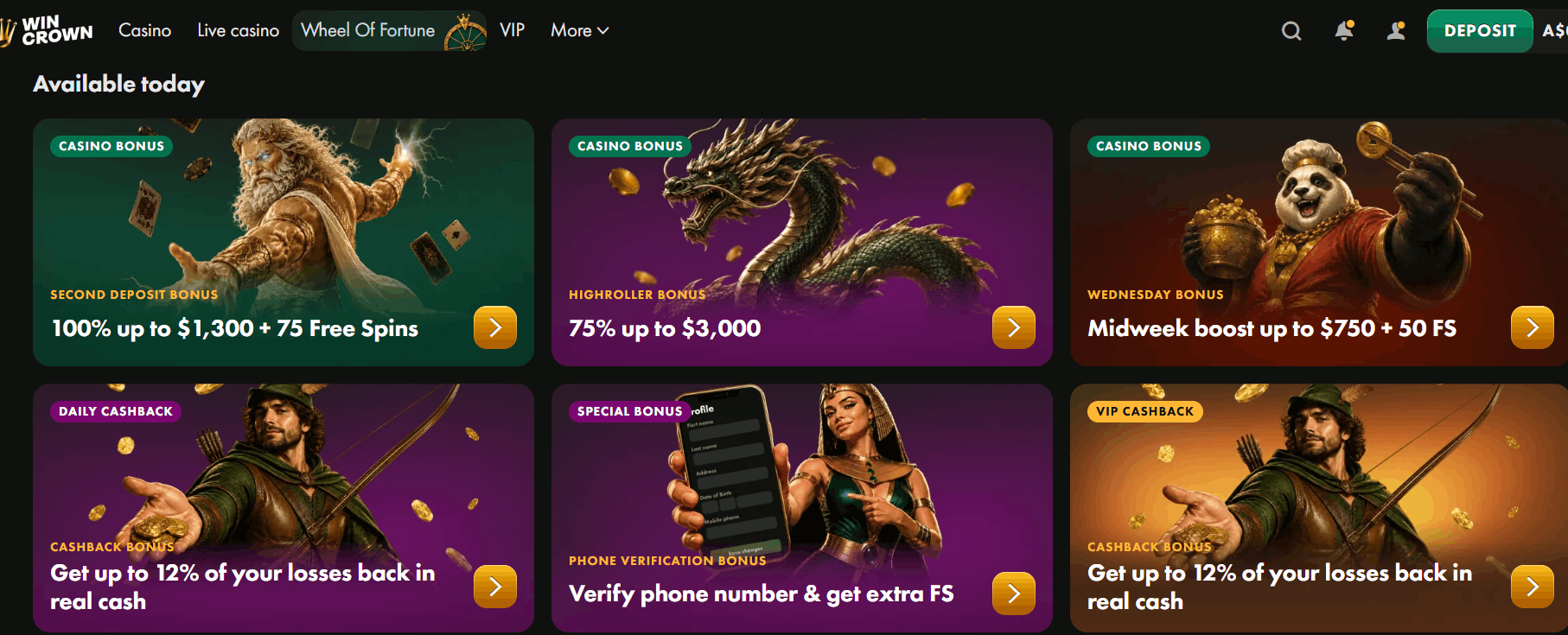 Wincrown casino bonuses available to players
