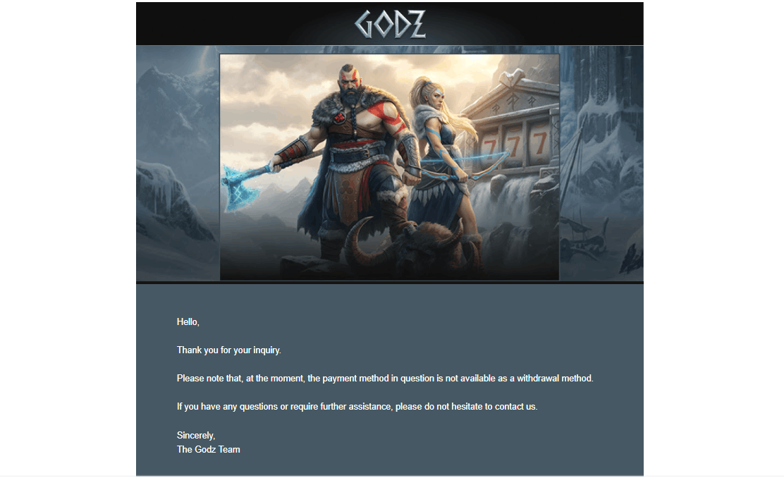 Godz Casino customer support email reply