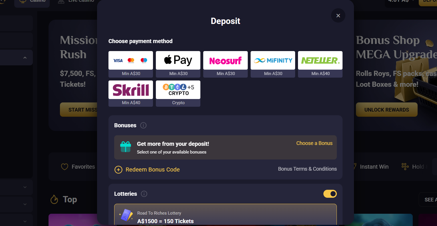 RollXO Casino deposit options