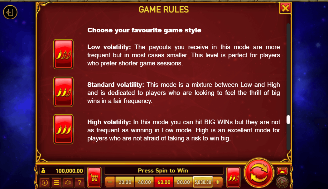 Game Rules in a pokie game showing the volatility settings