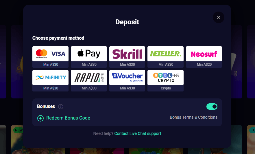 Lucky7even Casino payment methods