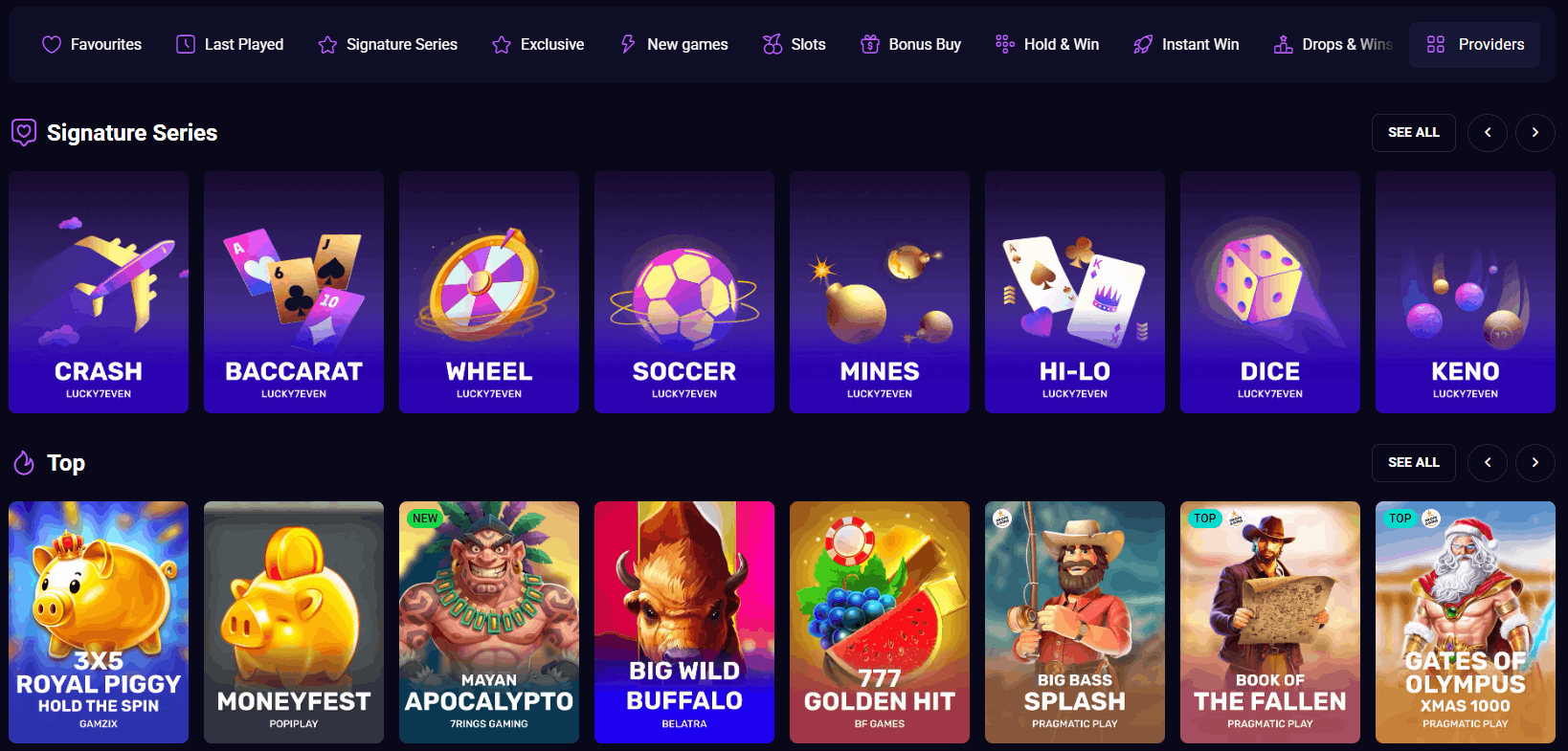 Lucky7even casino game library