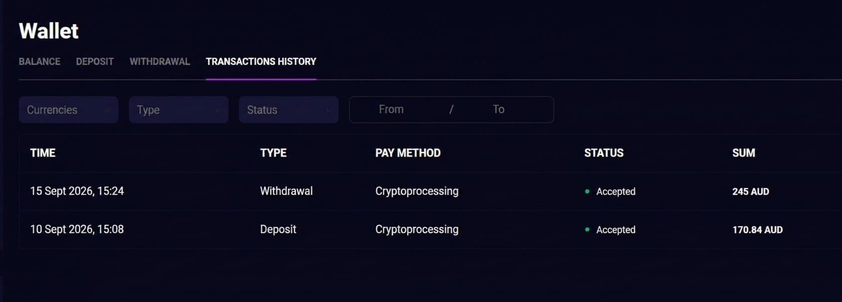 Lucky7even casino transactions history showing completed withdrawal and deposit