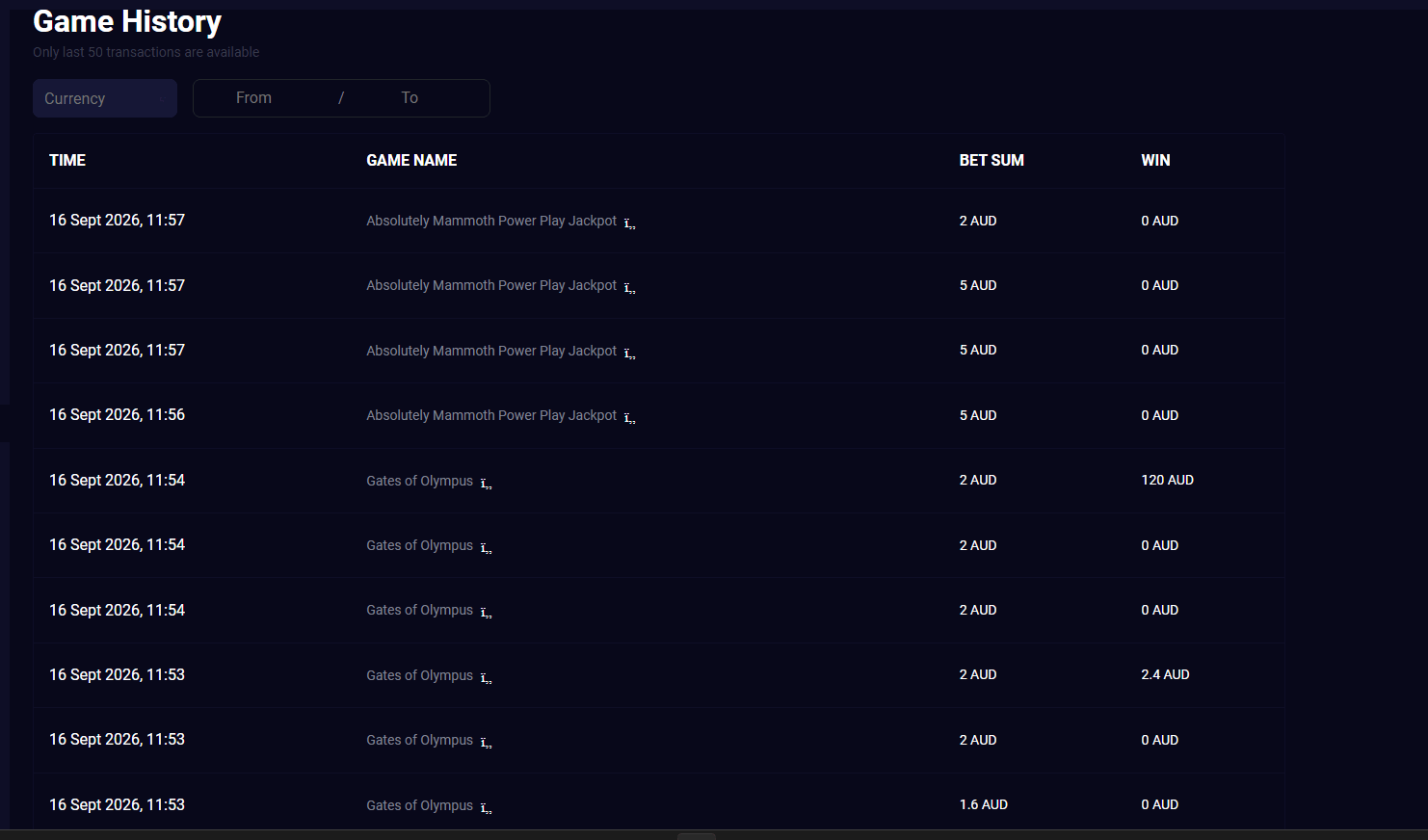 lucky7even casino bet history